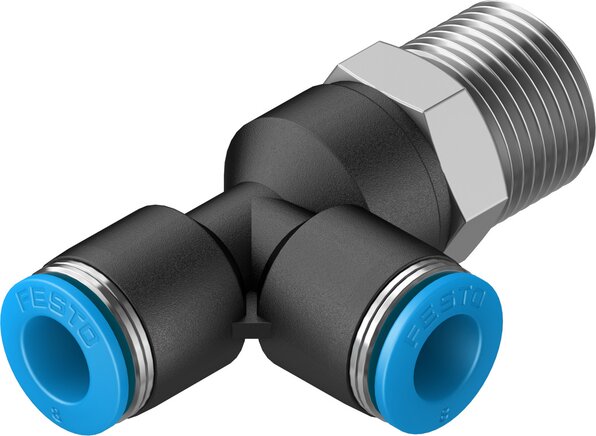 Festo Y-Steckverschraubung QSY-3/8-8 – R3/8 Außengewinde, Für 8 Mm Schlauch, Push-Pull, -0,95 Bis 14 Bar, PBT-Gehäuse, Blauer Lösering – 1 Stück