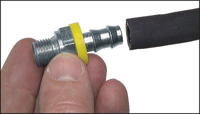 Exemple d'application: 1. Couper le tuyau perpendiculairement. Pour un montage facile, utiliser une solution savonneuse avec le raccord à nervures