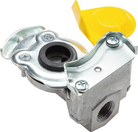 Exemplarische Darstellung: Kupplungsköpfe für Druckluftbremsen, Bremse (gelb) für Anhänger, DIN 74342