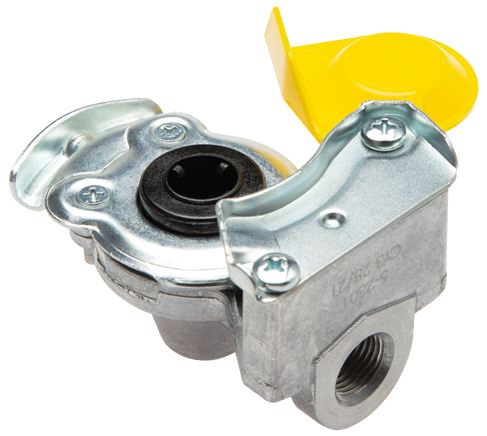 Exemplarische Darstellung: Kupplungsköpfe für Druckluftbremsen, Bremse (gelb) für Zugmaschinen, DIN 74254