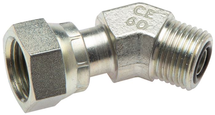 Zgleden uprizoritev: 45° ORFS elbow fitting with union nut, galvanised steel