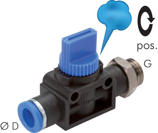 Zgleden uprizoritev: 3/2-way shut-off valve with cylindrical male thread and push-in connection