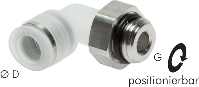 Exemplary representation: Push-in L-fitting polypropylene with cylindrical stainless steel thread