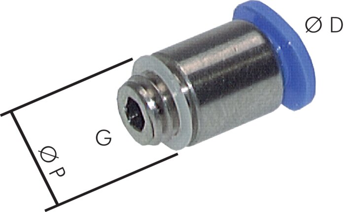 Exemplary representation: straight mini push-in fitting with round body and fine pitch thread