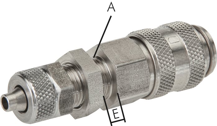Exemplary representation: Coupling socket with union nut & bulkhead thread, stainless steel
