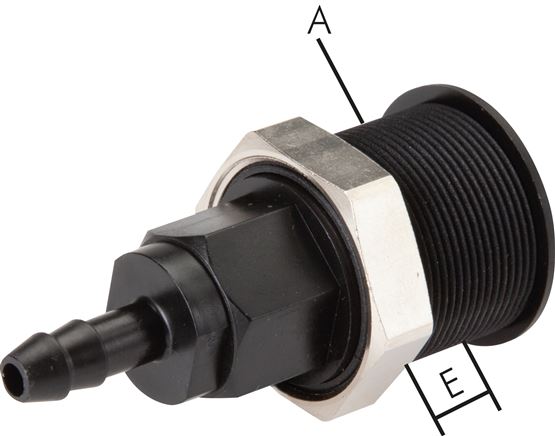 Exemplary representation: Breakaway coupling socket with hose connection & bulkhead thread, POM