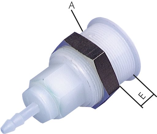 Exemplarische Darstellung: Abreiß-Kupplungsdose mit Schlauchanschluss & Schottgewinde, PVDF