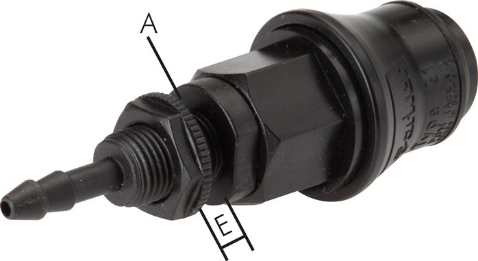 Exemplary representation: Coupling socket with hose connection & bulkhead thread, POM