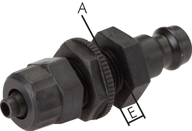 Exemplary representation: Coupling plug with hose connection & bulkhead thread, POM