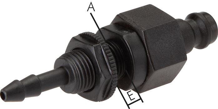 Exemplary representation: Coupling plug with hose connection & bulkhead thread, POM