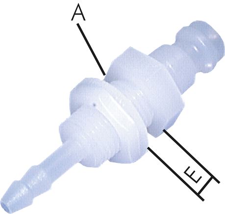 Príklady vyobrazení: Spojovací zástrcka s hadicovou hubicí a prepážkovým závitem, PVDF
