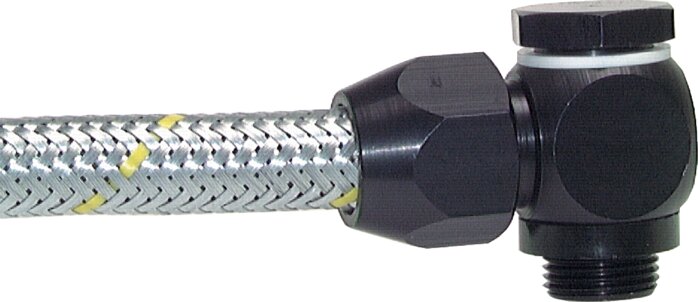 Voorbeeldig Afbeelding: L-inschroefbare schroefverbinding met cilindrische schroefdraad voor zilverslang, met metaal omvlochten slang