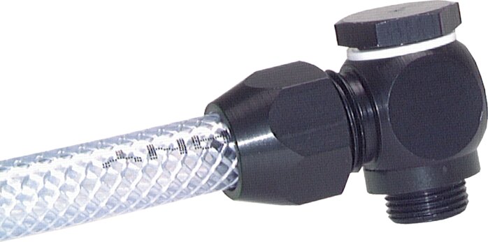 Exemplary representation: Angular screw-in fitting for fabric hose TX, cylindrical thread, aluminium
