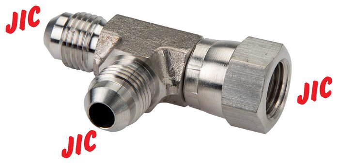 Exemplarische Darstellung: T-Verschraubung mit JIC-Gewinde (innen/außen/außen), V4A (Edelstahl)