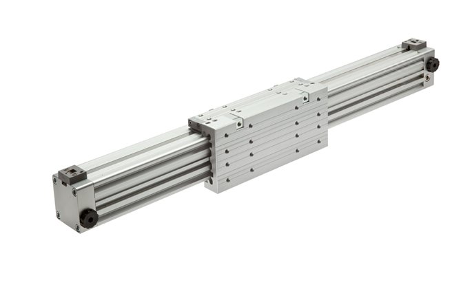 Exemplary representation: Piston rod-less standard cylinder with sliding guide