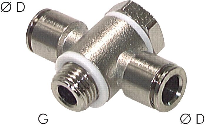 Exemplary representation: T-swivel push-in fitting with banjo bolt, CV series, nickel-plated brass