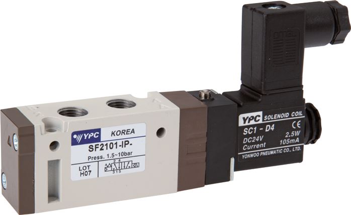 Exemplary representation: 5/2-way solenoid valve with spring return with standard plug