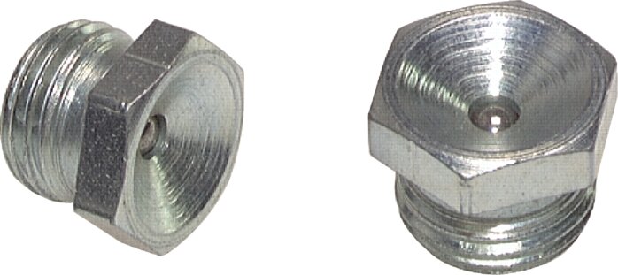 Exemplary representation: straight funnel-type grease nipple to DIN 3405 A (galvanised steel)