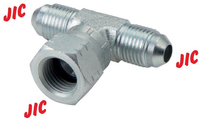 Exemplarische Darstellung: T-Verschraubung mit JIC-Gewinde (außen/innen/außen), Stahl verzinkt