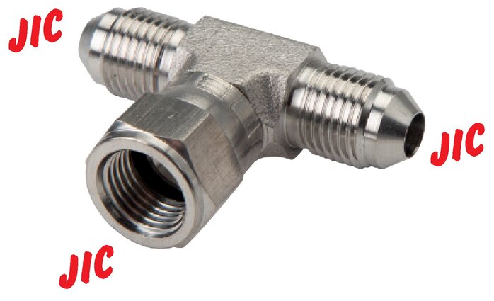 Exemplarische Darstellung: T-Verschraubung mit JIC-Gewinde (außen/innen/außen), V4A (Edelstahl)