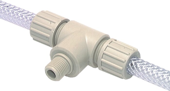 Zgleden uprizoritev: T-screw-in fitting for fabric hose TX with cylindrical thread, polypropylene