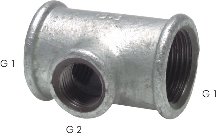 Zgleden uprizoritev: Tee with female thread and reduced/enlarged outlet, galvanised malleable cast iron, type 130/B1