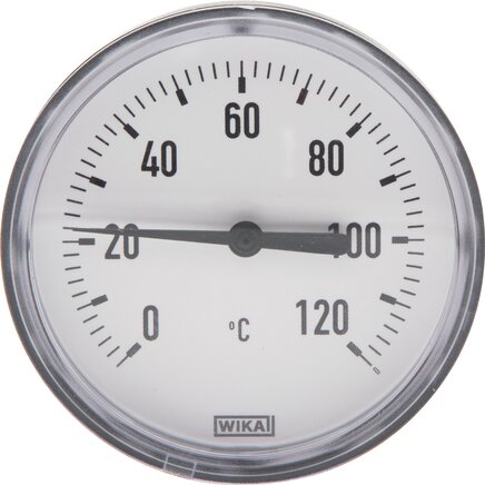 Exemplary representation: Horizontal bimetal thermometer with plastic housing and copper thermowell