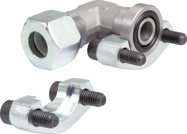 Exemplarische Darstellung: Winkel-Flanschverschraubung mit geteiltem SAE-Flansch, Stahl verzinkt