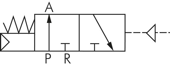 Schaltsymbol: 3/2-Wege (NO) mit Federrückstellung