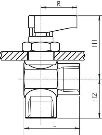 Messing-Mini-Winkelkugelhahn, G 1/4, PN 20, Schalttafelm. (KHWC14