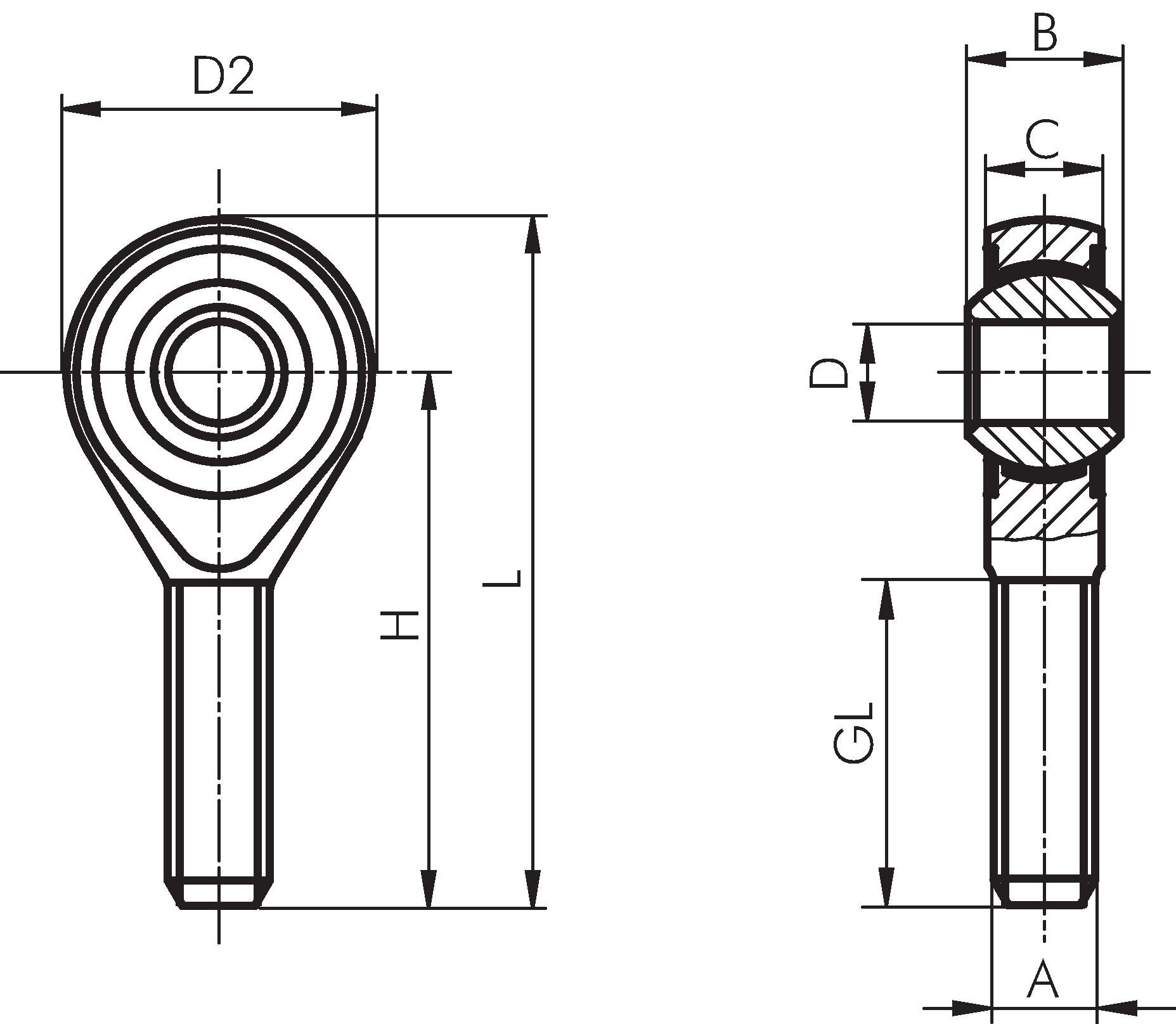 Gabelkopf, mit Bolzen, Außengewinde M 8, Stahl verzinkt (GAKAM8) -  Landefeld - Pneumatik - Hydraulik - Industriebedarf