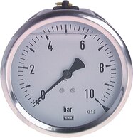 manomètre à bain de glycérine, horizontal (CrNi/Ms),100 mm, 0 - 1 bar
