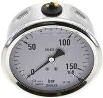 Glycerin-manometer vandret (CrNi/Ms),100mm, 0 - 160bar